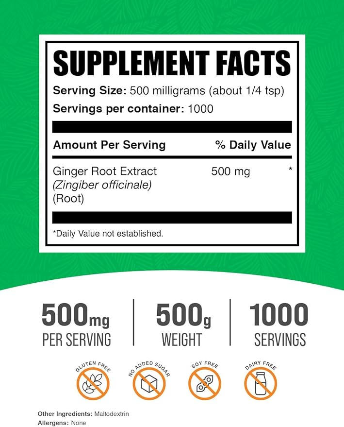 BulkSupplements.com Ginger Root Extract Powder - Ginger Supplement, Ginger Root Powder - Herbal Supplement, Gluten Free, 500mg per Serving, 500g (1.1 lbs) (Pack of 1)