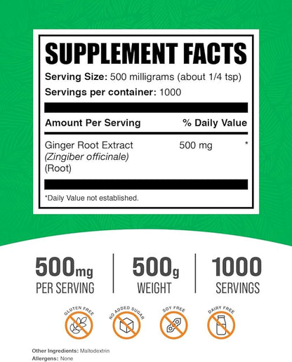 BulkSupplements.com Ginger Root Extract Powder - Ginger Supplement, Ginger Root Powder - Herbal Supplement, Gluten Free, 500mg per Serving, 500g (1.1 lbs) (Pack of 1)