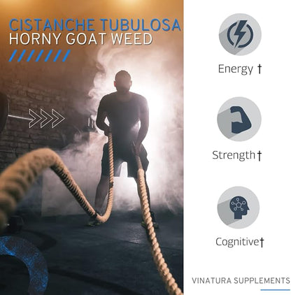 Cistanche with Horny Goat Weed 60% Icariin - 1250mg per Serving, Cistanche Tubulosa, Cistanche Supplement Men, Energy, Strength Cognitive *USA Made and Tested* - 60 Capsules 30 Servings