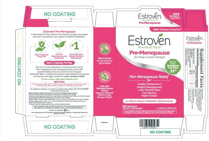 Estroven Pre-Menopause Relief, 30 Ct., Clinically Proven Ingredients, Provides Menopause Relief plus Night Sweats & Hot Flash Relief, Drug-Free or Estrogen Free