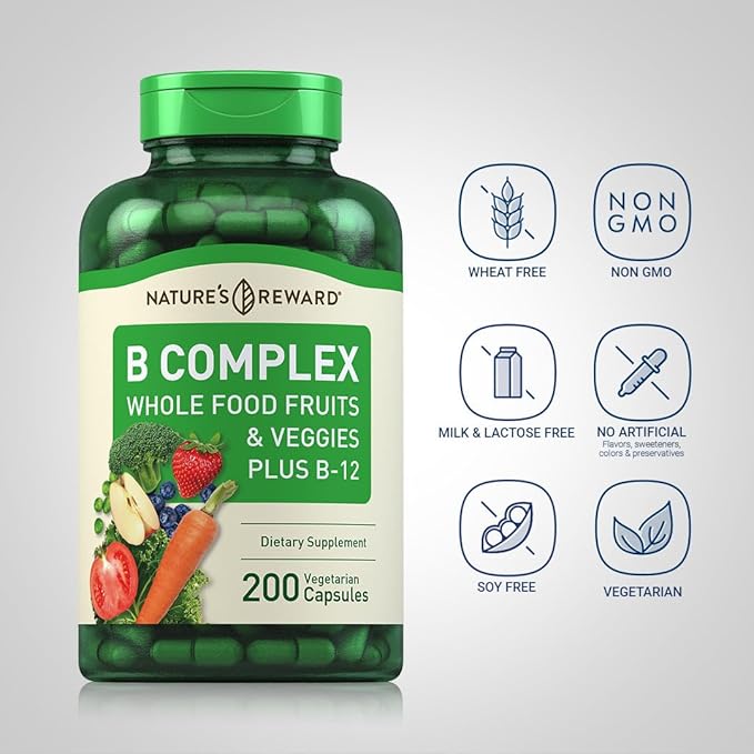 Piping Rock B Complex with Whole Food Fruits & Veggies 200 Capsules | Plus Vitamin B-12 | Non-GMO & Vegetarian Supplement