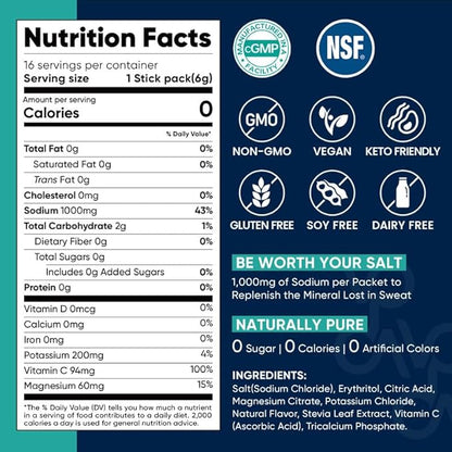 Venture Pal High Sodium Sugar Free Electrolytes Powder Packet - Hydration Packets with Sodium, Potassium & Magneisum | Zero Calories | Vegan | Keto & Paleo Friendly Electrolyte Drink Mix | 30 Stick