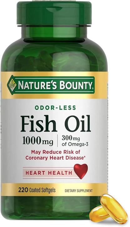 Nature's Bounty Fish Oil, Dietary Supplement, Omega 3, Supports Heart Health, 1000 Mg, 220 Coated Softgels