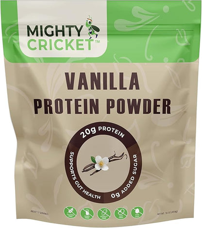 Mighty Cricket Protein Powder. 20g Clean Prebiotic Cricket Protein. No Sugar, Low Carbs, Gluten & Dairy Free. Keto & Paleo, 100% Natural Ingredients. Vanilla, 1 lb (Pack of 1)