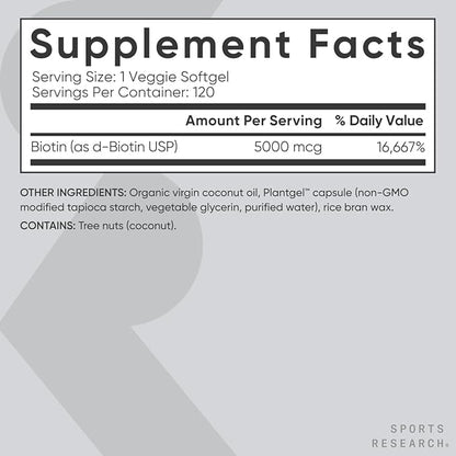 Sports Research Vegan Biotin 5000mcg with Organic Coconut Oil - Extra Strength Biotin Vitamin B7 for Healthier Hair & Skin + Keratin Support - Non-GMO & Gluten Free, 120 Softgels (4 Month Supply)