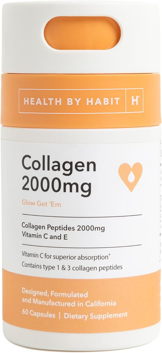 Health by Habit Collagen Supplement (60 Capsules) - Vitamin C & Vitamin E, 2000mg, Collagen Peptides, Superior Absorption, Support Your Skin, Non-GMO, Sugar Free (1 Pack)
