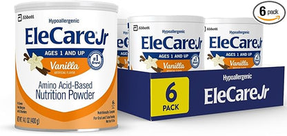 EleCare Jr Amino Acid-Based Nutrition Powder, Complete Nutrition for Ages 1 and Older With Food Allergies, Amino Acid-Based Nutrition Powder, Vanilla, 14.1-oz Can, Pack of 6