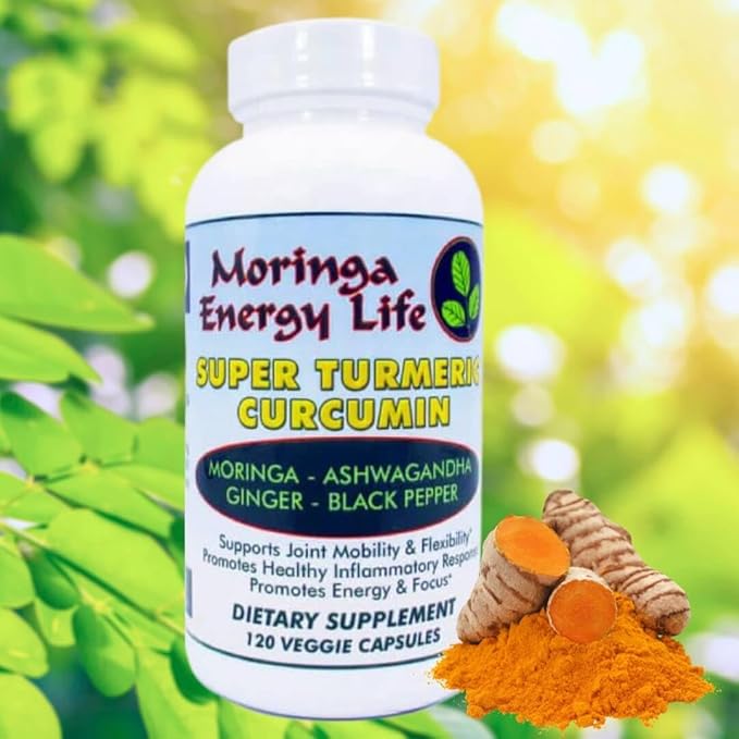 Moringa Super Turmeric Capsules 120, Natural Superfood Supplement for Moringa Oleifera Leaf, Curcumin, Black Pepper, Ashwagandha, Ginger. Gluten-Free, Vegan
