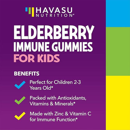 Elderberry Gummies for Kids with Zinc and Vitamin C - Immune Support Supplement for Children - 60 Count, Vegan, Berry Flavor - Convenient Daily Defense with Antioxidants and Essential Nutrients