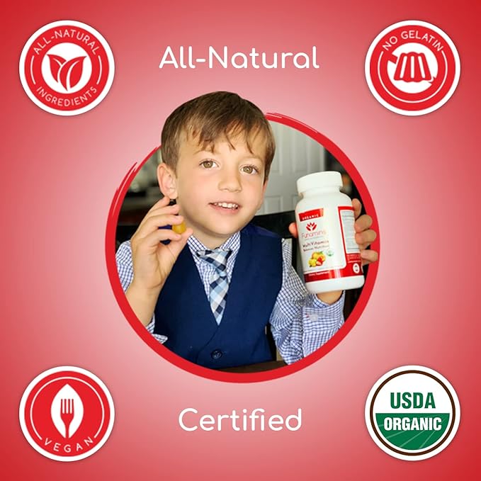 Organic Gummy MultiVitamins, Blend of 11 Essential Nutrients, for Kids and Adults, Vegan, 60 Count; Assorted Strawberry, Lemon, Orange Flavors