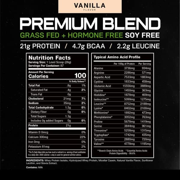 Muscle Feast Grass Fed Premium Blend Whey Protein, Hydrolyzed Whey, Isolate, Micellar Casein, Kosher Certified, 21g Protein, 100 Calories (Vanilla, 5lb)