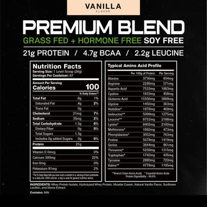 Muscle Feast Grass Fed Premium Blend Whey Protein, Hydrolyzed Whey, Isolate, Micellar Casein, Kosher Certified, 21g Protein, 100 Calories (Vanilla, 5lb)