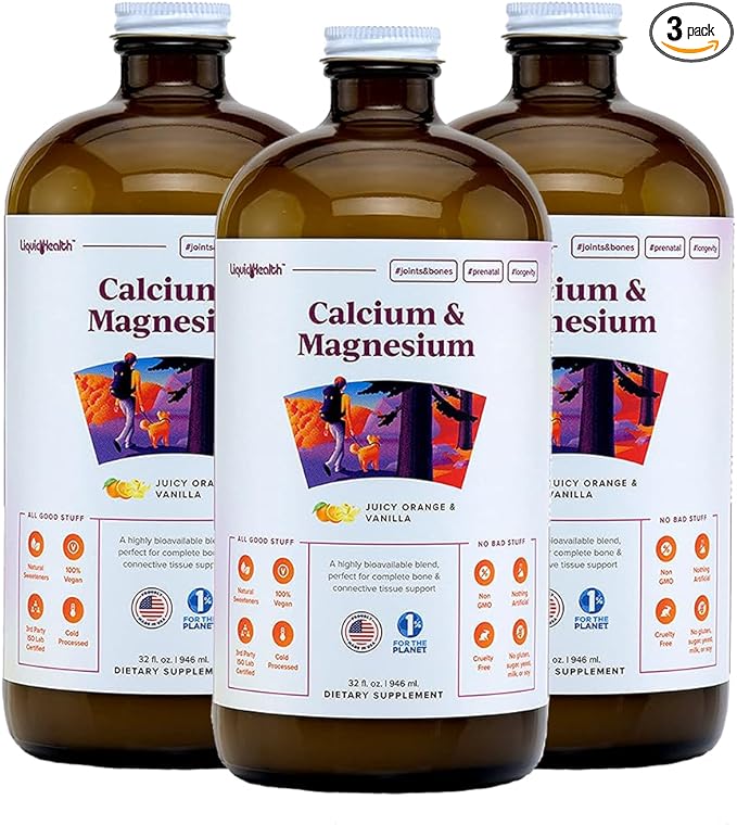 LIQUIDHEALTH Calcium & Magnesium Adult Liquid Vitamin Supplement - Bone, Joint, Muscle, Connective Tissue Support, Heart Health, Essential Nutrients - Great Taste, Vegan, Non GMO, Sugar-Free (3 Pack)