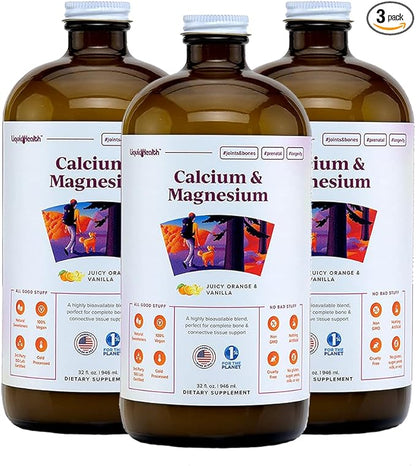 LIQUIDHEALTH Calcium & Magnesium Adult Liquid Vitamin Supplement - Bone, Joint, Muscle, Connective Tissue Support, Heart Health, Essential Nutrients - Great Taste, Vegan, Non GMO, Sugar-Free (3 Pack)