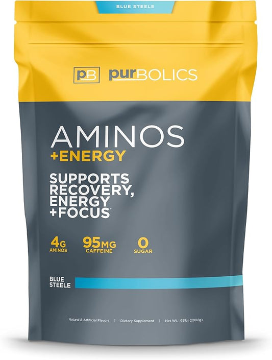 Aminos + Energy | Supports Recovery, Energy & Focus | 95mg of Caffeine, 0 Calories & 60 Servings (Blue Steele)