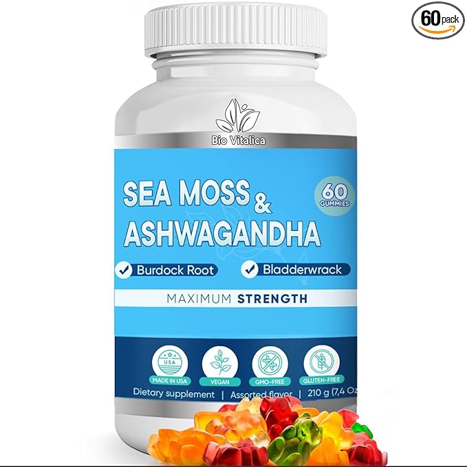 Sea Moss Ashwagandha Gummies - Organic Irish Seamoss & Ashwagandha Root Supplements for Supporting Energy & Immunity for Men & Women, 60 Vegan Gummies