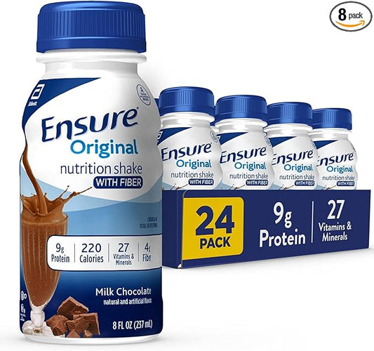 Ensure Original Milk Chocolate Nutrition Shake with Fiber| Meal Replacement Shake | Ready To Drink | 9g Protein, 27 Vitamins and Minerals | 8 fl oz - 24 Pack