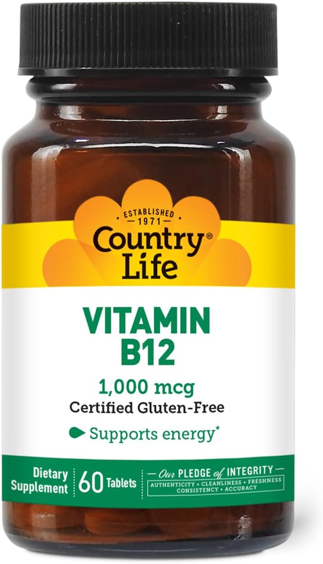 Country Life Vitamin B12 Supplement - Essential for Brain Function, Nerve Health, Red Blood Cells - Ideal for Anemia Prevention - Vegan Vitamin B, 1000 mcg - Gluten-Free, 60 Tablets