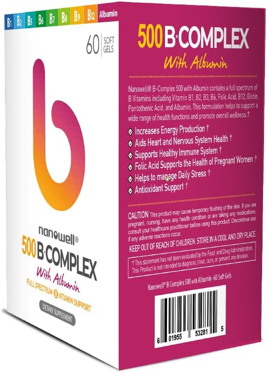 B-Complex 500 with Albumin - Dietary Supplement for Energy & Immune Support - 60 Softgels, 30 Day Supply