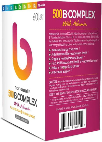 B-Complex 500 with Albumin - Dietary Supplement for Energy & Immune Support - 60 Softgels, 30 Day Supply