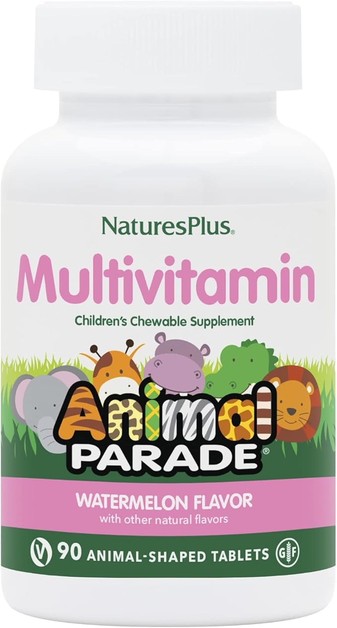 Natures Plus Animal Parade Multivitamin Children’s Chewables - Watermelon Flavor - 90 Animal Shaped Tablets - Promotes Health and Well-Being - Vegetarian, Gluten Free - 45 Servings