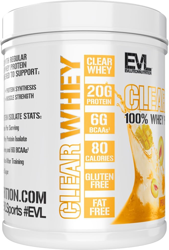 Evlution Nutrition Clear Whey - 100% Whey Protein Isolate - for Muscle Growth, Strength & Recovery - 20g Isolate Protein Per Serving - Fast Absorbing - Gluten & Fat Free - 1.1lb - Peach Mango