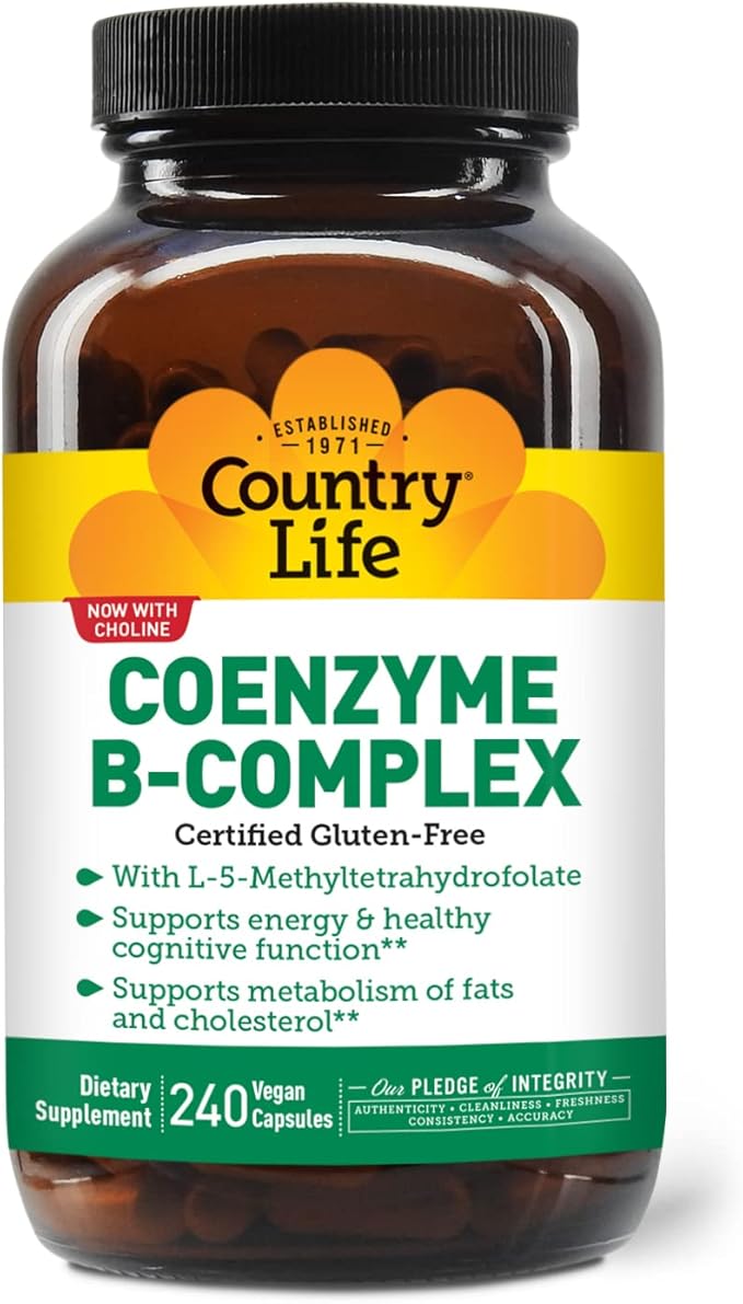 Country Life Coenzyme Vitamin B Complex Caps for Healthy Energy Support, Cognitive Function & Cholesterol Metabolism, Includes Methylfolate and 500mcg Vitamin B12, Gluten Free, Vegan and Kosher