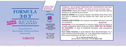 Dee CEE Labs Formula 303 Maximum Strength Tablets, 45 Tablets; All-Natural containing Magnesium for Sore Muscles, Passion Flower, and Valerian Root