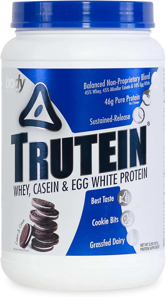 Body Nutrition Trutein High Protein Powder: 45% Whey, 45% Casein, 10% Egg White Protein Shake Mix, Low Sodium, Low Carb Protein Supplement Powder for Men & Women, Cookies & Cream, 2lb