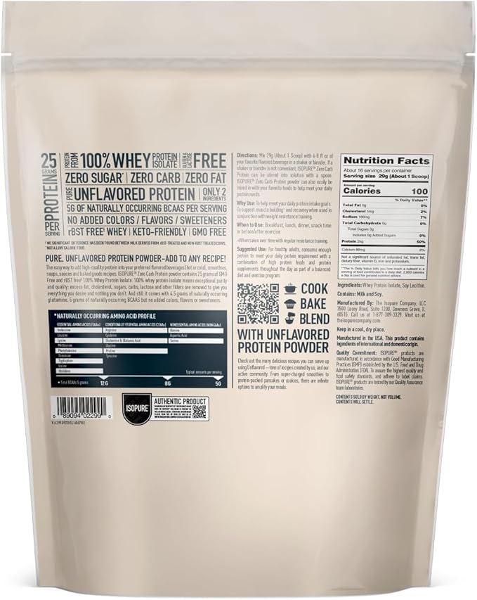 Isopure Unflavored Protein, Whey Isolate, with Vitamin C & Zinc for Immune Support, 25g Protein, Zero Carb & Keto Friendly, 1 Pound (Packaging May Vary)