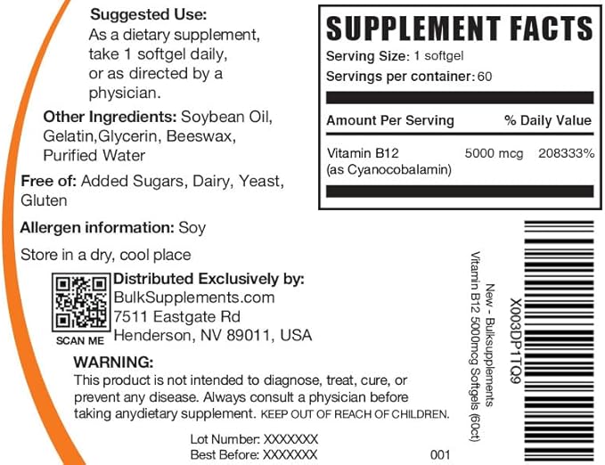 BulkSupplements.com Vitamin B12 1000 mcg Softgels - Cyanocobalamin, Vitamin B Supplements, B12 Pills - Gluten Free, 1 Vitamin B12 Softgel per Serving, 60-Day Supply, 60 Softgels