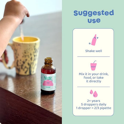 JoySpring Vitamin D3 Kids Drops with Vitamin K2 |360 Servings (2 fl oz)| Vitamin D Toddler Liquid Supplement | Children's Vitamin D Calcium Absorption & Joint Health Support | Vitamin D Kids Ages 3-18