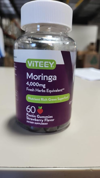 Moringa Gummies for Adults & Teens - Moringa Leaf Extract 4000mg - Immune Support, Energy Booster, Better Mood Support - Chewable Green Superfood - Vegan, Gelatin Free - Strawberry Flavored Gummy