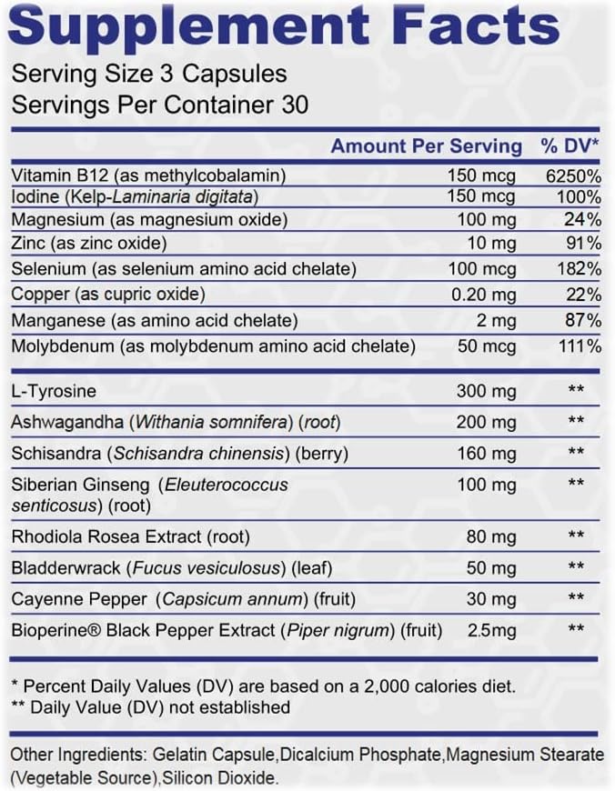 Thyroid Support - Ltyrosine, Iodine, Vitamin B12 Complex, Zinc, Selenium, Ashwagandha, Copper & More 30 Day Supply