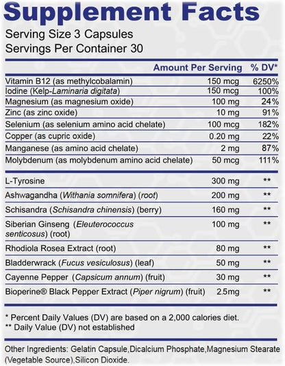 Thyroid Support - Ltyrosine, Iodine, Vitamin B12 Complex, Zinc, Selenium, Ashwagandha, Copper & More 30 Day Supply
