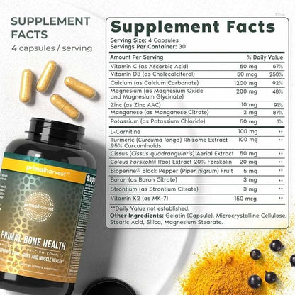 Calcium Carbonate Bone Health Complex by Primal Harvest for Men and Women with Calcium, Magnesium, Zinc, Manganese, Potassium, and L-Carnitine