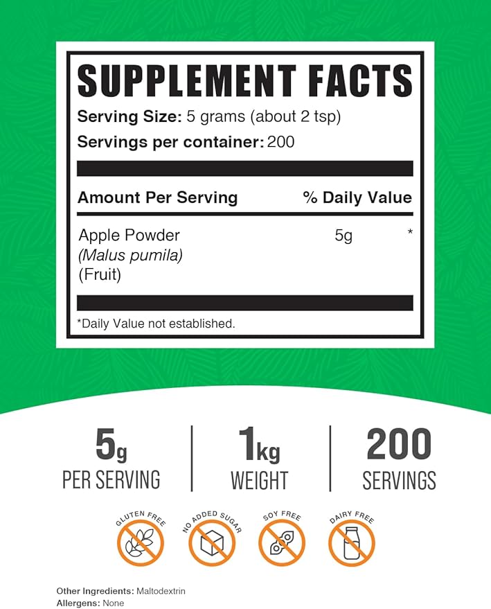 BulkSupplements.com Apple Powder - Apple Fruit Powder, Superfood for Digestive Support - Natural & Gluten Free, 5g per Serving, 1kg (2.2 lbs) (Pack of 1)