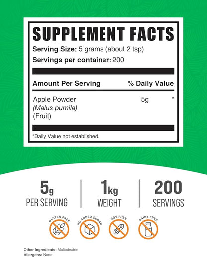 BulkSupplements.com Apple Powder - Apple Fruit Powder, Superfood for Digestive Support - Natural & Gluten Free, 5g per Serving, 1kg (2.2 lbs) (Pack of 1)