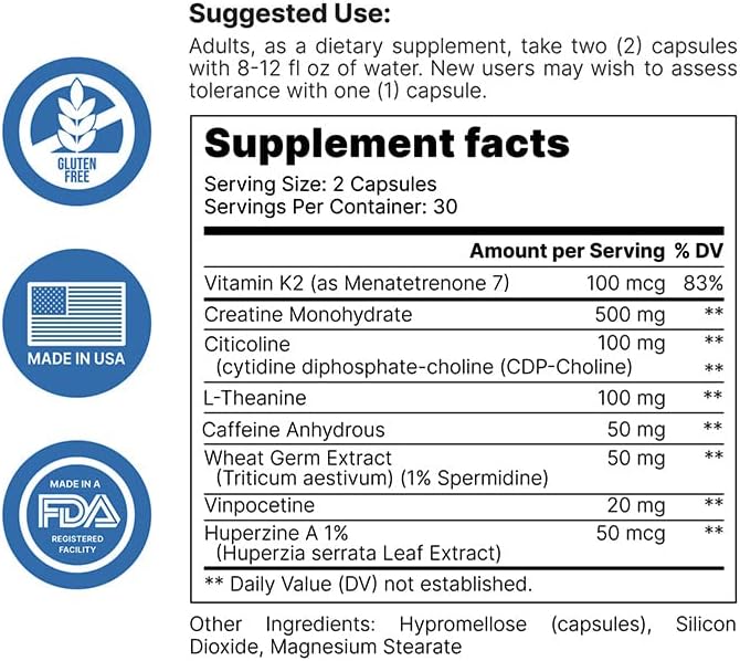 Brain Variant 6-in-1, Post Sickness Brain Fog, Energy & Memory Focus Support Supplement with Nootropic Ingredients for Focus, for Women & Men, 60 Capsules