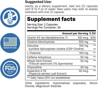 Brain Variant 6-in-1, Post Sickness Brain Fog, Energy & Memory Focus Support Supplement with Nootropic Ingredients for Focus, for Women & Men, 60 Capsules