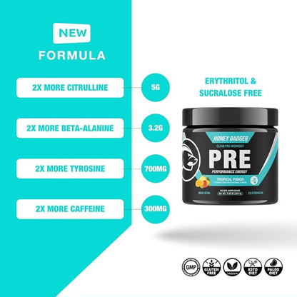 Honey Badger Pre Workout Powder, Keto Vegan Preworkout for Men & Women, Beta Alanine & Caffeine, Sugar Free Natural Energy Supplement, Tropical Punch (High-Stim)