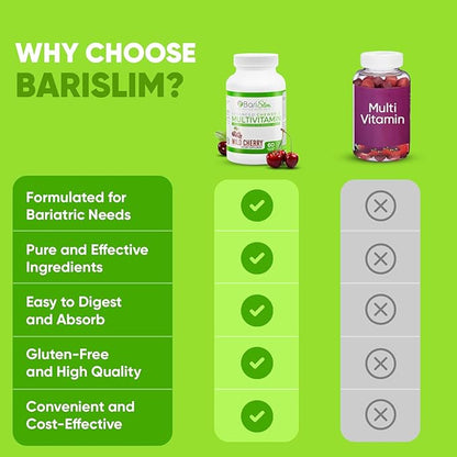 BariSlim Advanced Chewable Bariatric Multivitamin Tablets - Bariatric Vitamin and Supplement for Post Bariatric Surgery Including Gastric Bypass and Gastric Sleeve | Wild Cherry (60 Count)