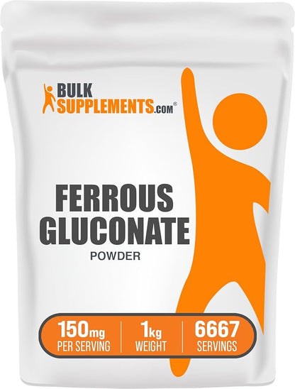 BulkSupplements.com Ferrous Gluconate Powder - Essential Mineral for Energy, Iron 18mg - Iron Supplements, Gluten Free, 150mg per Serving, 1kg (2.2 lbs) (Pack of 1)