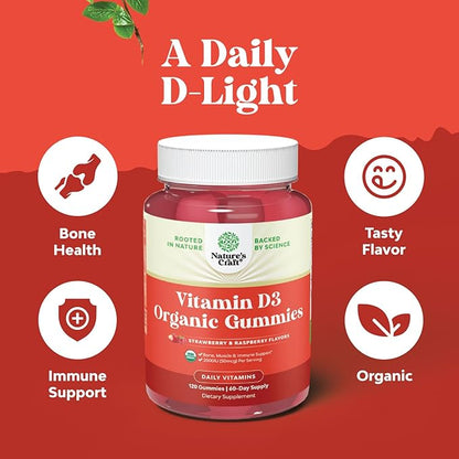 Organic Vitamin D Gummies for Adults - Daily Immune Support Gummies with Vegan Vitamin D3 2000IU - USDA Organic Vitamin D3 Gummies for Adults Wellness - Non GMO Gluten Free - 2 Month Supply