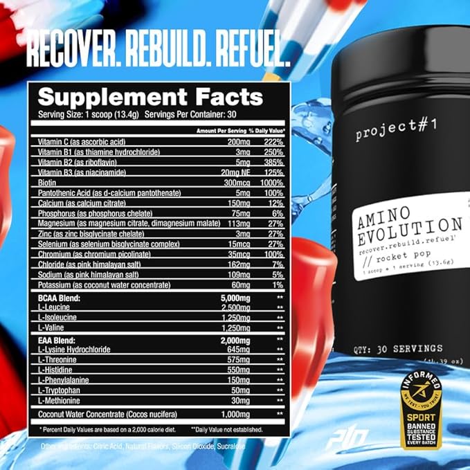Project #1 AminoEVolution: Muscle Support & Recovery - BCAAs, EAAs, Electrolytes & Keto Friendly Energy Boost - Pre & Post Workout Powder for Men & Women - RocketPop Flavor - 30 Servings