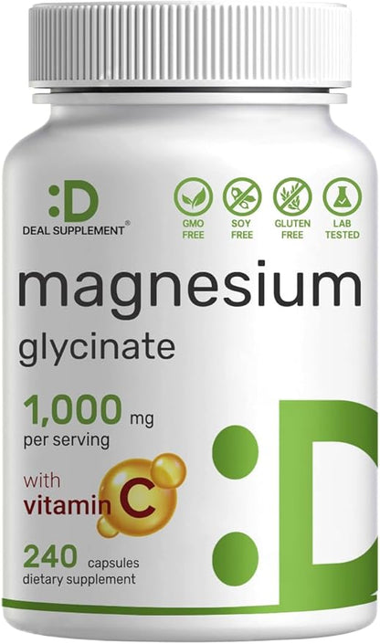 DEAL SUPPLEMENT Magnesium Glycinate 500mg Per Capsule (1000mg Per Serving) Plus Vitamin C, 240 Capsules – 100% Chelated for Easy Absorption – Essential Mineral Supplement