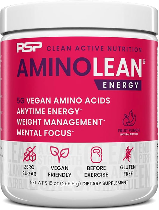 RSP NUTRITION AminoLean Pre Workout Powder, Amino Energy & Weight Management with Vegan BCAA Amino Acids, Natural Caffeine, Preworkout Boost for Men & Women, 30 Serv