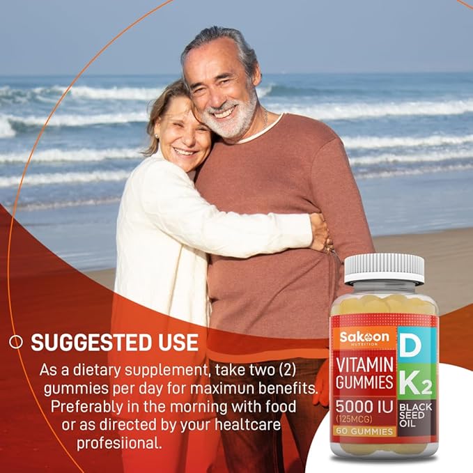 Sakoon nutrition 5000 IU Vitamin D3 K2 Vitamin Supplement with Black Seed Oil for Bone, Teeth, Muscle, and Immune Defense Support, Non-GMO and Gluten Free, 60 Gummy Chewables