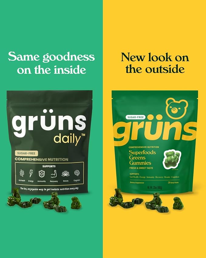 Gruns Adult Sugar-Free Super Greens Gummies - Superfood Gummy Bears with Spirulina, Chlorella & Prebiotics for Digestive Health - Adaptogens Supplement with 20 Vitamins & Minerals - 1 Month Supply