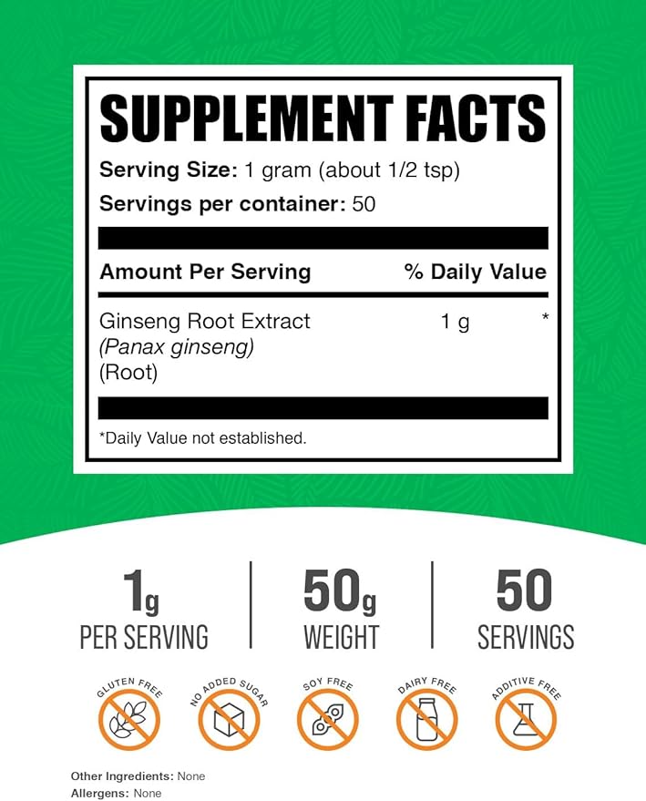 BulkSupplements.com Ginseng Root Extract Powder - Ginseng Supplement, Ginseng Herbal Supplements, Panax Ginseng - Vegan & Gluten Free, 1000mg per Serving, 50g (1.8 oz) (Pack of 1)